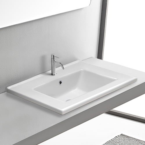 Drop In Bathroom Sink, White Ceramic, Rectangular CeraStyle 067300-U/D